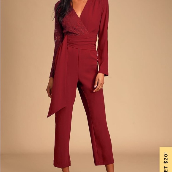 Burgundy Lace Long Sleeve Jumpsuit - Picture 1 of 3
